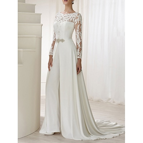 

Combinaison Femme Dentelle Couleur unie Col Ras du Cou Vêtement de rue Mariage Soirée Standard manche longue Blanche S Eté