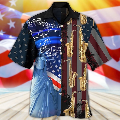 

Hombre Camisa camisa hawaiana Estampados Instrumento musical Bandera estadounidense Collar Cubano Azul Piscina Exterior Casual Manga Corta Estampado Ropa Deportes Moda Ropa de calle Design