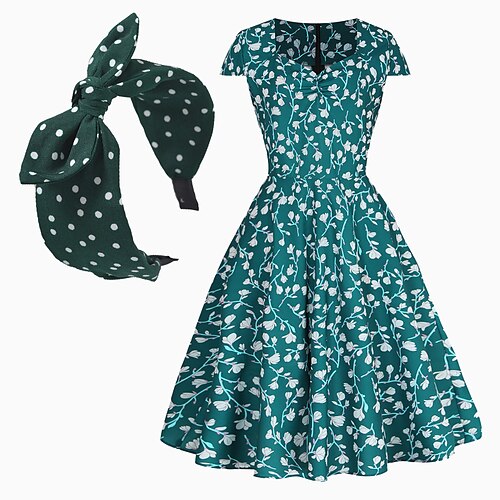 

Audrey Hepburn Anos 50 Floral Vintage Verão Vestido Coquetel Vestido de uma linha Mulheres Com Babados Ocasiões Especiais Vintage Cosplay Roupa Diária Encontro Festa de Chá Manga Curta Até os Joelhos