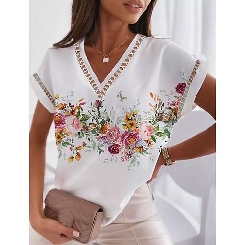 

Mulheres Camiseta Preto Branco Amarelo Floral Imprimir Manga Curta Casual Feriado Básico Decote V Padrão Tema Flores S