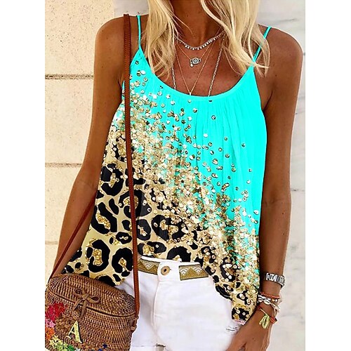 

Women's Tank Top Camisole Pink Blue Green Leopard Print Sleeveless Casual Basic Round Neck Regular S