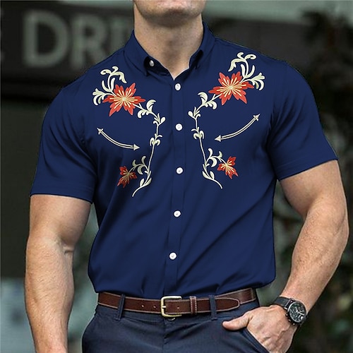 

Men's Shirt Western Shirt Floral Graphic Prints Turndown Navy Blue Brown Outdoor Street Short Sleeves Print Clothing Apparel Fashion Streetwear Designer Casual