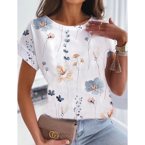 

T shirt Tee Femme Blanche Rose Claire Rouge Floral Imprimer Manche Courte Vacances Fin de semaine basique Col Rond Normal Standard Fleur Peinture M