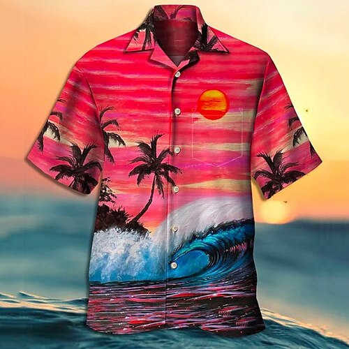 

Homme Chemise Chemise hawaïenne Cocotier Imprimés Photos Coucher du soleil Collier cubain Rose Claire Bleu Extérieur Casual Manche Courte Imprimer Vêtement Tenue Sportif Mode Vêtement de rue Design