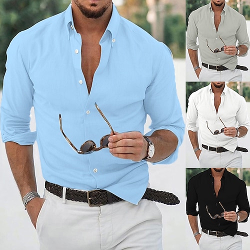 

Men's Linen Shirt Shirt Summer Shirt Beach Shirt Black White Blue Long Sleeve Solid Color Turndown Summer Spring Outdoor Street Clothing Apparel Button-Down