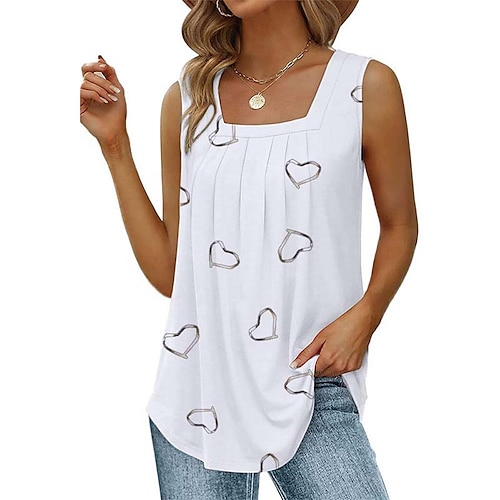 

Women's Tank Top Black White Pink Heart Print Sleeveless Casual Beach Basic Square Neck Regular S