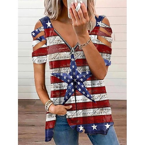 

Damen Hemd Bluse Rote Amerikanische Flagge Ausgeschnitten Viertel Postleitzahl Kurzarm Casual Tag der Unabhängigkeit Basic V Ausschnitt Standard S