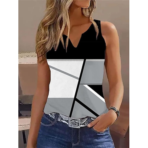 

Mujer Camiseta sin mangas Negro Bloque de color Estampado Sin Mangas Casual Básico Escote en Pico Regular Geométrico adj. S