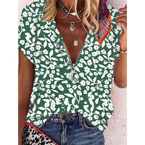 

Mujer Camisa Blusa Granate Azul Piscina Verde Trébol Floral Cremallera de un cuarto Estampado Manga Corta Casual Festivos Básico Escote en Pico Regular Flor S