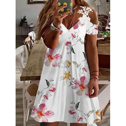 

Dame Plusstørrelser Hverdagskjole Blonde kjole Blomstret Midikjole Kortærmet Blonder Patchwork Med stropper Mode udendørs Hvid Sommer Forår L XL XXL 3XL 4XL