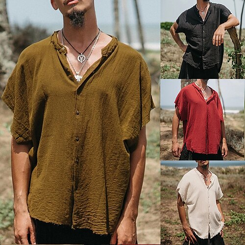 

Per uomo camicia di lino Camicia estiva Camicia da spiaggia Albicocca Manica corta Liscio Colletto Mao Primavera & Autunno Informale Giornaliero Abbigliamento Bottone giù