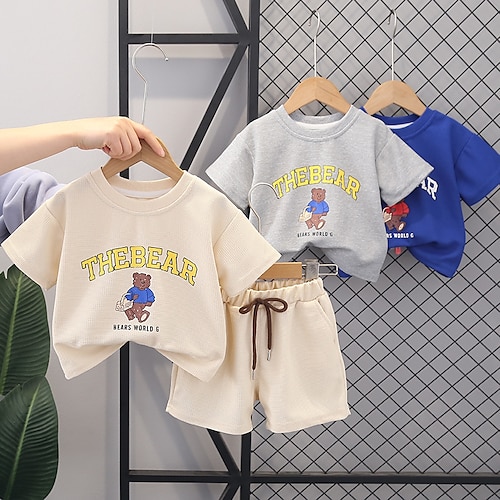 

2 Dele Baby Drenge T-shirt & Shorts Outfit Bogstaver Bjørn Kortærmet Sæt udendørs Sej Daglig Sommer Forår 3-7 år off white Blå Grå