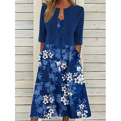 

Per donna Set di vestiti a due pezzi Abito casual Abito stampato Giornaliero Da mare Di tendenza Elegante Tasche Stampa Vestito longuette A V Mezza manica Floreale Standard Blu marino Estate Primavera