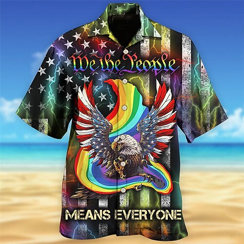 

Men's Shirt Summer Hawaiian Shirt Rainbow Graphic Prints Eagle American Flag Pride Cuban Collar Green Outdoor Casual Short Sleeve Print Clothing Apparel Sports Fashion Streetwear Designer