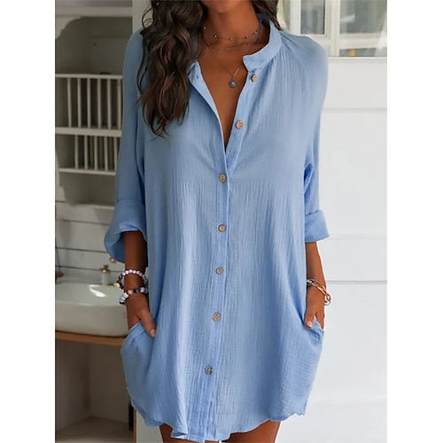 

Mujer Vestido de Camisa Vestido informal Vestido de cambio Mini vestido Exterior Diario Vacaciones Poliéster Moda Moderno Escote Chino Botón Bolsillo Manga Larga Verano Primavera Otoño 2023 Holgado