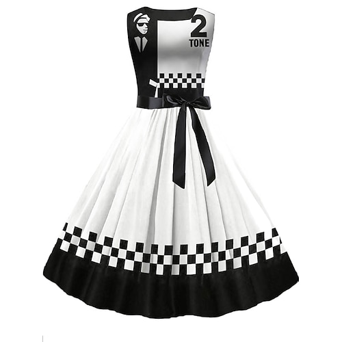 

Per donna Retrò Stile anni '50 Abito vintage Vestito longuette Giornaliero Appuntamento Lacci Increspato A quadri Girocollo Senza maniche Taglia piccola Estate Primavera 2023 Nero Bianco S M L XL