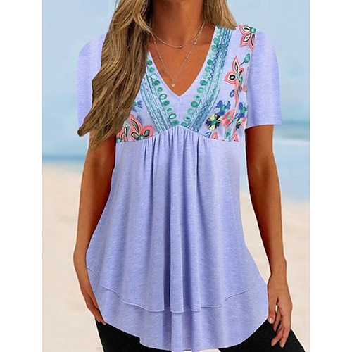 

Damen Hemd Bluse Purpur Blumen Bedruckt Kurzarm Casual Festtage Basic V Ausschnitt Standard Blume S