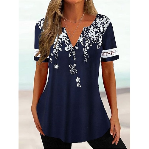 

Damen T Shirt Marineblau Blumen Bedruckt Kurzarm Casual Festtage Basic V Ausschnitt Standard Blume S