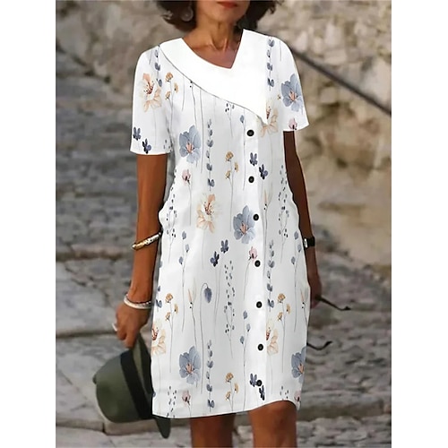

Dame Afslappet påklædning Sommerkjole Print kjole Blomstret Trykt mønster V-hals Midikjole Mode Gade Daglig Ferie Kortærmet Løstsiddende Hvid Sommer Forår S M L XL XXL