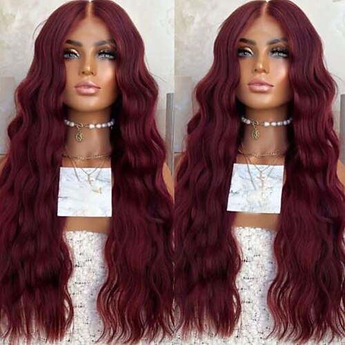 

Ubearbeidet jomfruhår 13x4 blonder foran Parykk Midtdel Brasiliansk hår Bølget Burgunder Parykk 130% 150% Hair Tetthet med baby hår Naturlig hårlinje 100% Jomfru limfrie Pre-Plucked Til Dame Lang