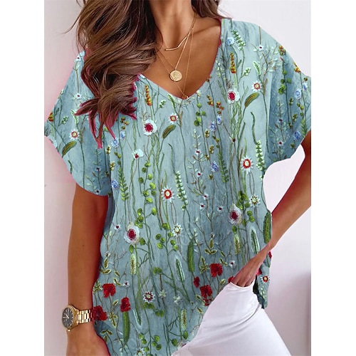 

Women's T shirt Tee Army Green Green Floral Print Short Sleeve Holiday Weekend Basic V Neck Regular Floral Painting S