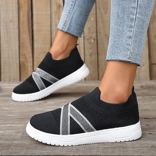 

Dame Treningssko Slip-Ons Store størrelser Flyknit sko utendørs Daglig Flat hæl Rund Tå Klassisk Fritid Flying Weaving Tøfler Fargeblokk Svart