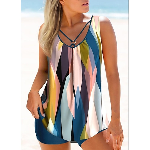 

Mulheres Roupa de Banho Tankini 2 partes Normal roupa de banho 2 Peças Estampado Geométrico Azul Fatos de banho Esportivo Roupa de Praia Verão