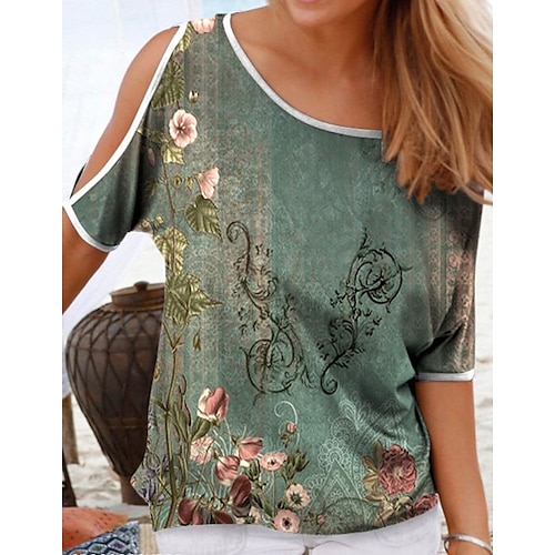 

T shirt Tee Femme Perle Vert herbe Blanche Graphic Floral Patchwork Accueil froid Demi Manches Intérieur Casual Rétro Vintage Bohème Col Rond Normal Standard Fleur Thème Bohémien S