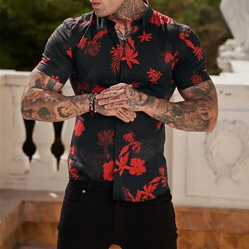 

Hombre Camisa Floral Estampados Hojas Escote Chino Rojo Exterior Calle Manga Corta Estampado Ropa Moda Design Casual Cómodo