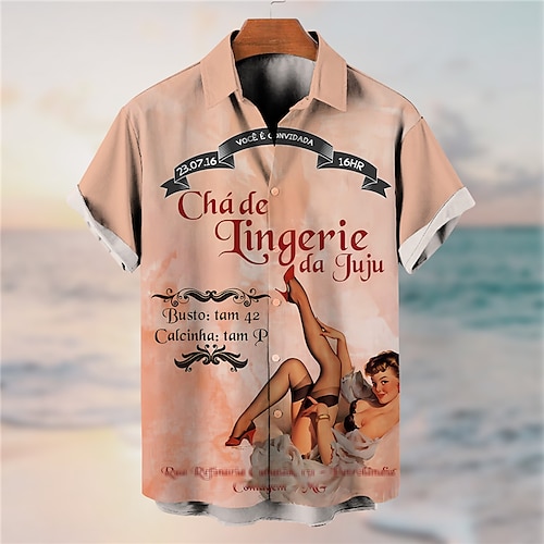 

Herren Hemd Vintage Hawaiihemden Buchstabe Grafik-Drucke Vintage Pin-up-Girl Umlegekragen Aprikose Schwarz Rosa Grau Outdoor Strasse Kurze Ärmel Bedruckt Bekleidung Modisch Strassenmode Designer Weich