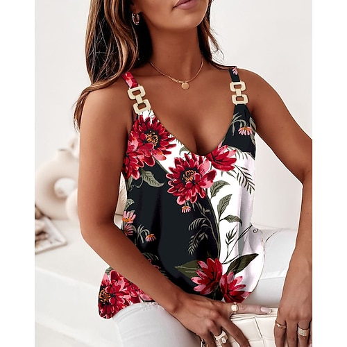 

Mulheres Malha Íntima Camisola Vermelho Verde Floral Imprimir Sem Manga Casual Feriado Básico Decote V Padrão Tema Flores S