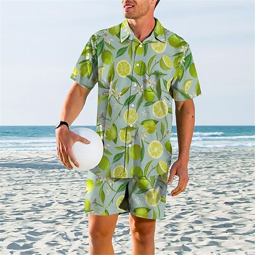 

Hombre Camisa camisa hawaiana Conjunto de camisa Limón Estampados Collar Cubano Verde Trébol Exterior Calle Mangas cortas Estampado Ropa Moda Ropa de calle Design Suave