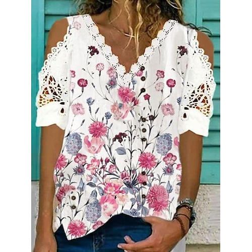 

Mujer Camisa Blusa Blanco Rosa Fucsia Floral Pluma Encaje Cortado Manga Corta Casual Festivos Básico Escote en Pico Regular Flor S