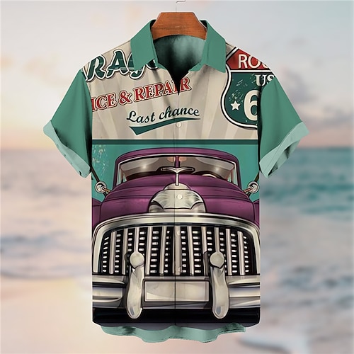 

Hombre Camisa Camisas Hawaianas Vintage Letra Coche Estampados Cosecha Cuello Vuelto Rojo Azul Piscina Exterior Calle Mangas cortas Estampado Ropa Moda Ropa de calle Design Suave