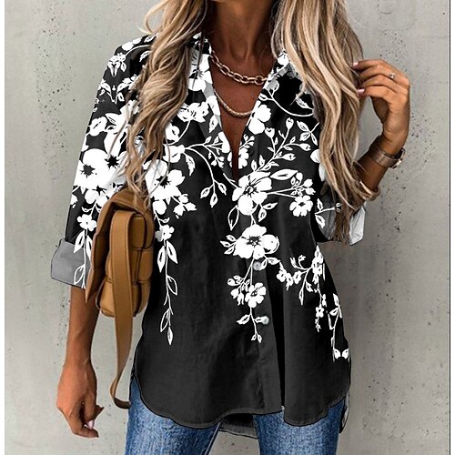 

Damen Hemd Bluse Schwarz Blumen Taste Bedruckt Langarm Casual Festtage Basic Hemdkragen Standard Blume S