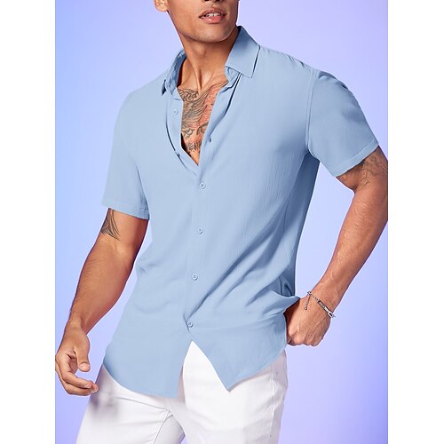 

Herre Skjorte Button Up skjorte Sommer skjorte Casual skjorte Blå Kortærmet Vanlig Knaphul Daglig Ferierejse Tøj Mode Afslappet Bekvem