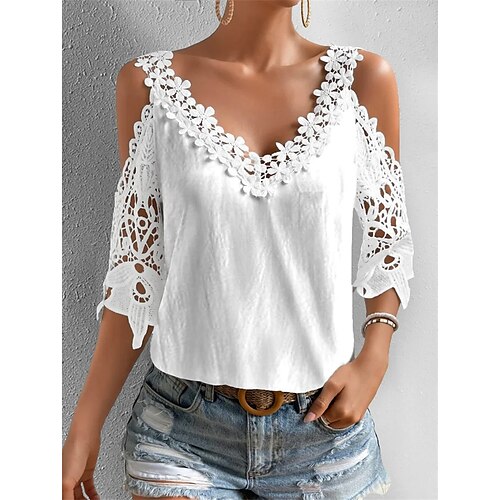 

Chemise Chemisier Femme Noir Blanche Jaune Géométrique Plein Dentelle Découpé Demi Manches Casual basique Col V Normal Standard S