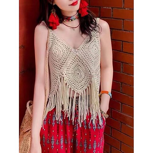 

Mujer Chaleco suéter Puente Croché Tejer Borlas Espalda Abierta Color puro Escote en Pico Elegante Sensual Diario Festivos Verano Primavera Beige Tamaño Único