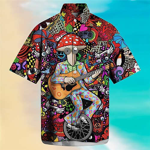 

Men's Shirt Summer Hawaiian Shirt Graphic Prints Music Hippie Guitar Mushroom Turndown Red Blue Outdoor Street Short Sleeves Print Clothing Apparel Fashion Streetwear Designer Soft