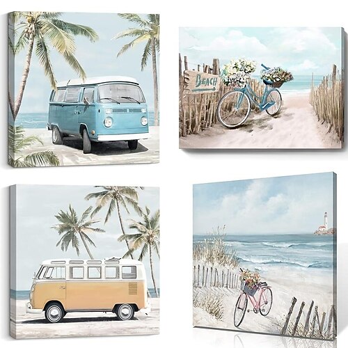 

1pc Landschaft Leinwand Gemälde Strand Thema Wandkunst Dekor tropische Palmen süße Vintage Van Poster für Wohnzimmer Schlafzimmer Badezimmer Dekor kein Rahmen