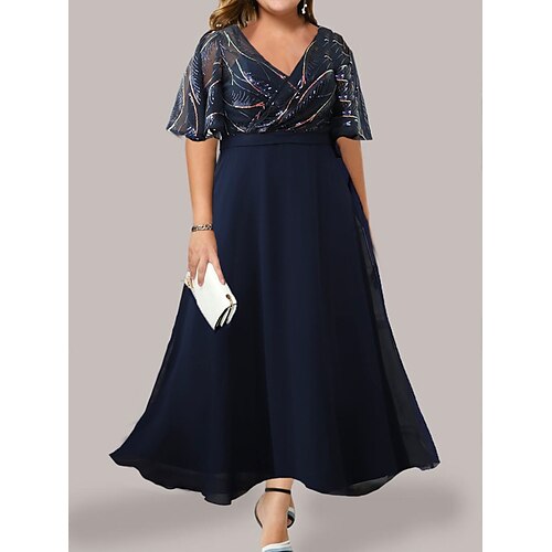 

Damen Übergröße abendkleider Chiffon-Kleid Schaukelkleid Blatt kleid lang Halbe Ärmel Gitter Bedruckt V Ausschnitt Modisch Party Marineblau Sommer Frühling L XL XXL 3XL 4XL