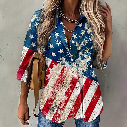 

Mujer Camisa Blusa Rojo Bandera estadounidense Botón Estampado Manga Larga Casual Festivos Básico Cuello Camisero Regular S