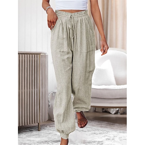 

Dame Loungewear Underdele Lounge Bukser Ren farve Mode Afslappet Komfort Hjem Daglig Ferierejse Hør Åndbart Lomme Elastisk Talje Sommer Forår Brun Beige