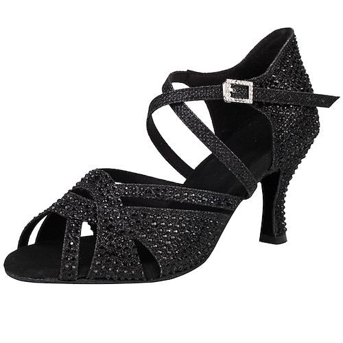 

Femme Chaussures Latines Utilisation Entraînement Strass Talon Basket Détail Cristal Talon Bobine Bout ouvert Sangle croisée Argent Noir