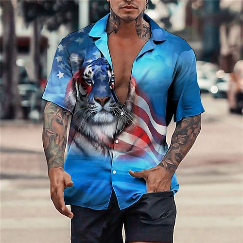 

Homme Chemise Chemise hawaïenne tigre Imprimés Photos Aigle Drapeau américain Collier cubain Rouge Bleu Extérieur Casual Manche Courte Imprimer Vêtement Tenue Sportif Mode Vêtement de rue Design