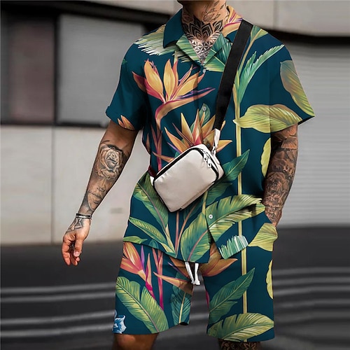 

Herren Hemd Hawaiihemd Sommerhemd Hemden-Set Blumen Grafik-Drucke Blätter Umlegekragen Marineblau Blau Outdoor Strasse Kurze Ärmel Bedruckt Bekleidung Modisch Strassenmode Designer Weich