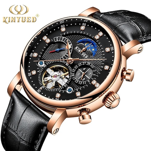 

Hombre Relojes Mecánico Lujo Moda Negocios Reloj de Muñeca Calavera Cuerda Automática Tourbillon Pantalla de fase lunar Piel Reloj