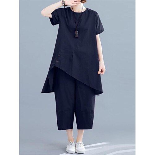 

Per donna Plus Size loungewear Completi Colore puro Semplice Informale Comoda Interni Strada Giornaliero Poliestere Traspirante Girocollo Manica corta Camicia Pantalone Estate Primavera Blu marino