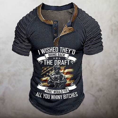 

Herre Henley-skjorte Raglan T-shirt Grafiske tryk Soldat Nationalflag Henley Tøj udendørs Daglig Kortærmet Patchwork Plisseringer Mode Designer Afslappet