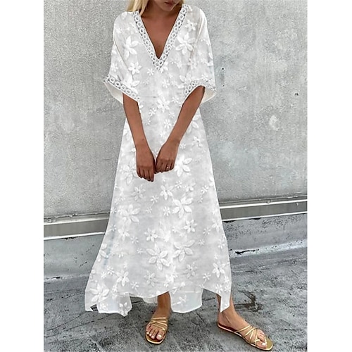 

Women's Casual Dress Cotton Linen Dress Swing Dress Maxi long Dress Cotton Blend Fashion Modern Outdoor Daily Deep V Lace Patchwork Half Sleeve Summer Spring Fall 2023 Loose Fit White Floral Plain S